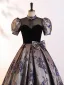 Vintage / Retro Black Printing Bow Prom Dresses 2025 Ball Gown High Neck Puffy Short Sleeve Backless Floor-Length / Long Prom Formal Dresses