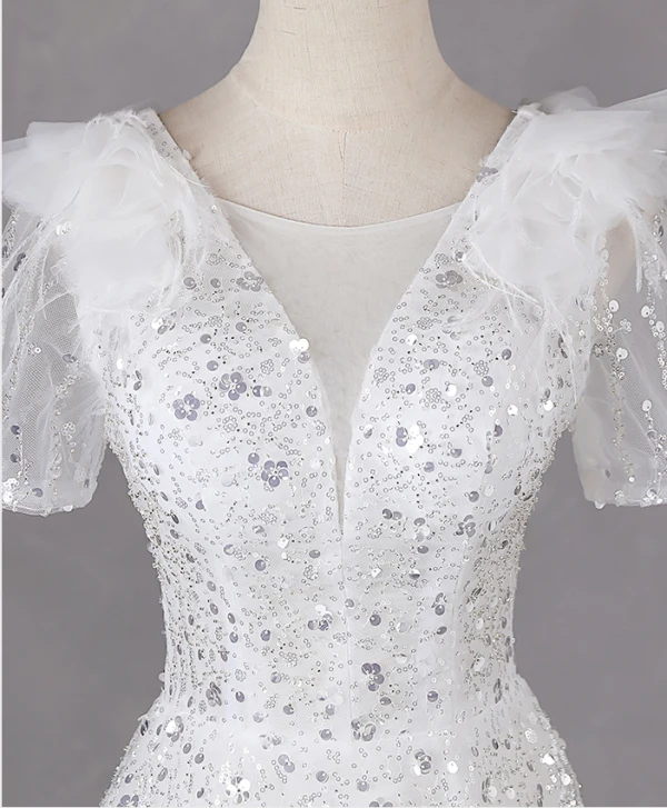 Chic / Beautiful White Sequins Prom Dresses 2024 A-Line / Princess Scoop Neck Short Sleeve Backless Floor-Length / Long Prom Formal Dresses