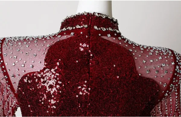 Sparkly Sexy Burgundy Sequins Rhinestone Evening Dresses 2026 Trumpet / Mermaid High Neck Long Sleeve Floor-Length / Long Formal Dresses