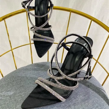Sexy Svart Aften Rhinestone Sandaler Dame 2022 Ankelstropp 11 Cm Stiletthæler Spisse Sandaler Høyhælte