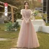 Modest / Simple Blushing Pink Bridesmaid Dresses 2022 A-Line / Princess Square Neckline Short Sleeve Backless Floor-Length / Long Wedding Party Dresses