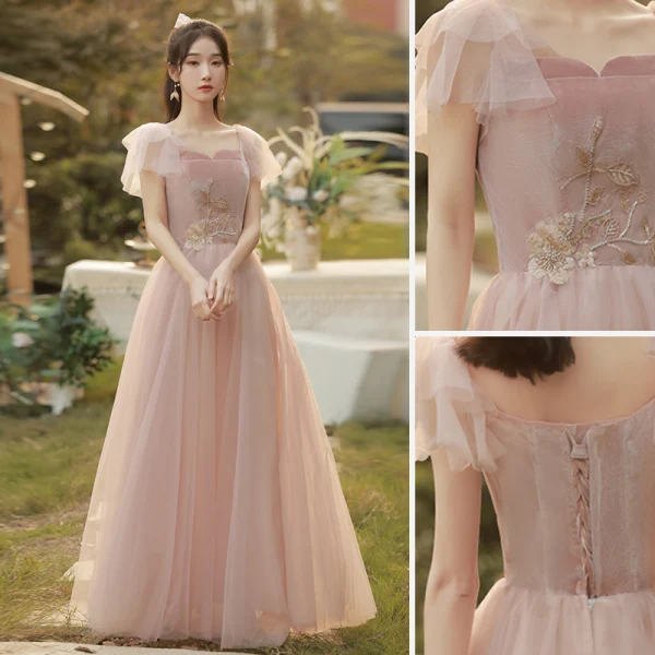 Simple Rougissant Rose Robe Demoiselle D'honneur 2022 Princesse Encolure Carrée Manches Courtes Dos Nu Longue Robe Pour Mariage