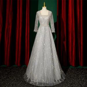 Sparkly Grey Evening Dresses 2023 A Line Princess Square Neckline Beading Pearl Sequins 3 4 Sleeve Floor Length Long Evening Party Formal Dresses