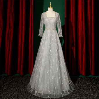 Scintillantes Gris Robe De Soirée 2023 Princesse Encolure Carrée Perlage Perle Paillettes 3 4 Manches Longue Soirée Robe De Ceremonie