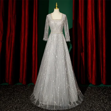Scintillantes Gris Robe De Soirée 2023 Princesse Encolure Carrée Perlage Perle Paillettes 3 4 Manches Longue Soirée Robe De Ceremonie