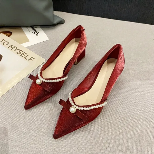 Schöne Burgunderrot Abend Perle Schleife Pumps 2022 5 cm Thick Heels Spitzschuh Pumps Hochhackige