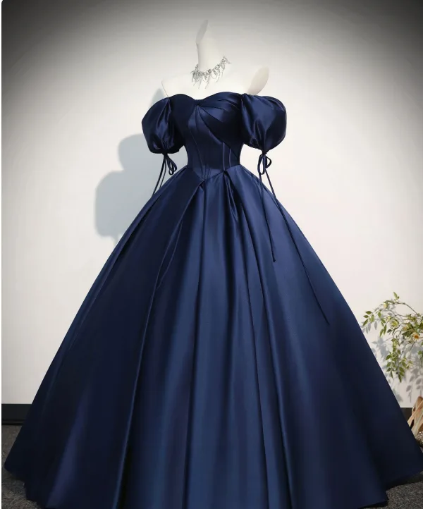 Vintage / Retro Navy Blue Prom Dresses 2026 Ball Gown Off-The-Shoulder Puffy Short Sleeve Backless Floor-Length / Long Formal Dresses
