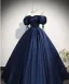 Vintage / Retro Navy Blue Prom Dresses 2026 Ball Gown Off-The-Shoulder Puffy Short Sleeve Backless Floor-Length / Long Formal Dresses