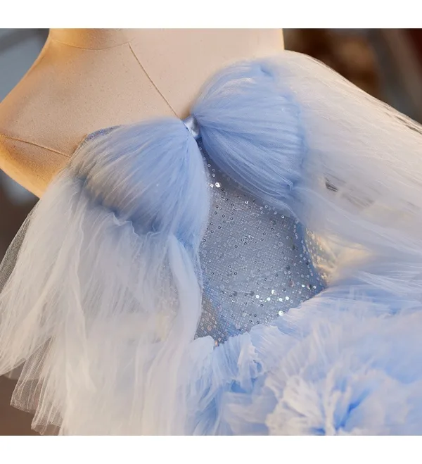Elegant Sky Blue Cascading Ruffles Prom Dresses 2025 Ball Gown Off-The-Shoulder Short Sleeve Backless Sweep Train Formal Dresses