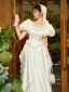 Vintage / Retro Ivory Appliques Satin Wedding Dresses 2024 A-Line / Princess Scoop Neck Puffy Short Sleeve Backless Sweep Train Wedding