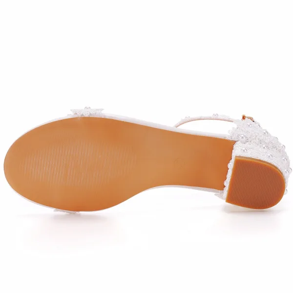 Schöne Weiß Perle Spitze Blumen Sandalen Damen 2023 Knöchelriemen 9 cm Thick Heels Peeptoes Hochzeit Sandaletten Hochhackige