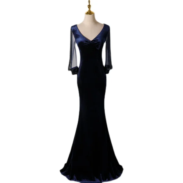 Elegant Navy Blue Suede Evening Dresses 2022 Trumpet / Mermaid V-Neck Beading Tassel Long Sleeve Floor-Length / Long Evening Party Formal Dresses