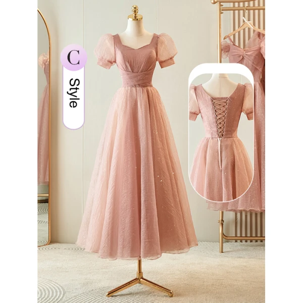 Simple Rougissant Rose Glitter Robe Demoiselle D'honneur 2023 Princesse Encolure Carrée Gonflée Manches Courtes Dos Nu Thé Longueur Robe Demoiselle D'honneur