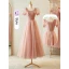 Simple Rougissant Rose Glitter Robe Demoiselle D'honneur 2023 Princesse Encolure Carrée Gonflée Manches Courtes Dos Nu Thé Longueur Robe Demoiselle D'honneur