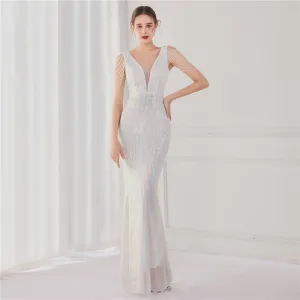 Sparkly White Sequins Evening Dresses 2022 Trumpet Mermaid V Neck Beading Tassel Sleeveless Backless Floor Length Long Evening Party Formal Dresses
