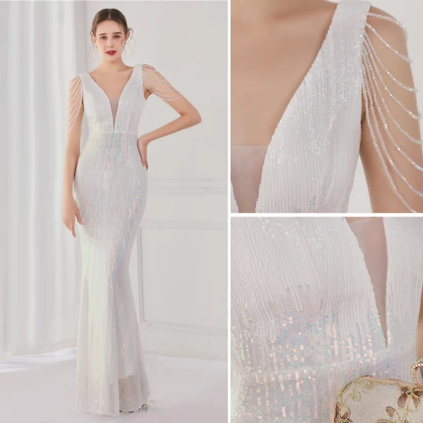 Scintillantes Blanche Paillettes Robe De Soirée 2022 Trompette / Sirène V-Cou Perlage Gland Sans Manches Dos Nu Longue Soirée Robe De Ceremonie