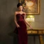 Sexy Burgundy Suede Evening Dresses 2023 Trumpet / Mermaid Strapless Sleeveless Backless Bow Floor-Length / Long Evening Party Formal Dresses