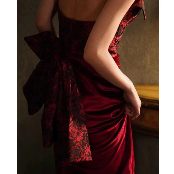 Sexy Burgundy Suede Evening Dresses 2023 Trumpet / Mermaid Strapless Sleeveless Backless Bow Floor-Length / Long Evening Party Formal Dresses