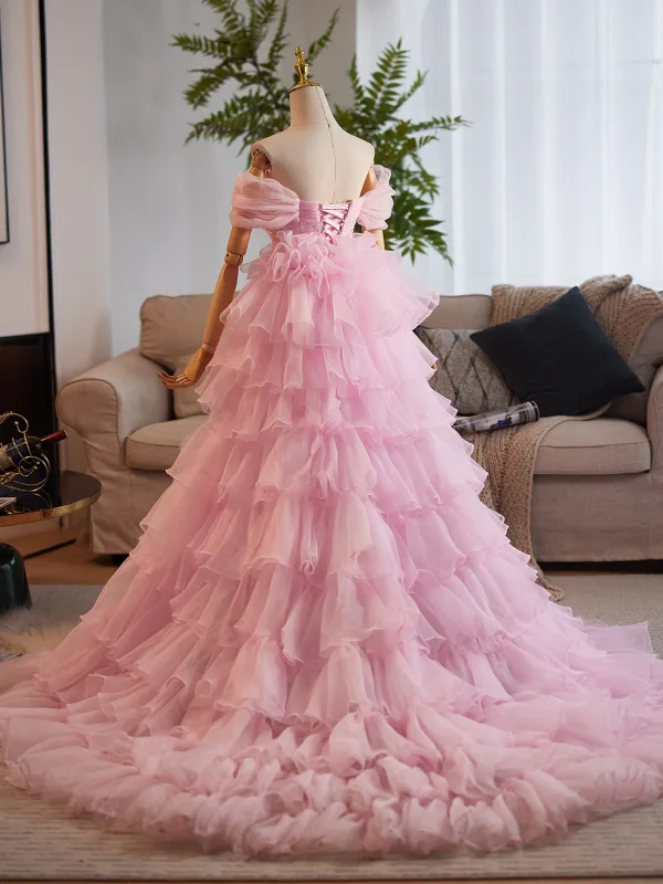 Luxus / Herrlich Pink Handgefertigt Perlenstickerei Pailletten Fallende Rüsche Ballkleider 2025 Meerjungfrau Off Shoulder Ärmellos Rückenfreies Sweep / Pinsel Zug Festliche Kleider