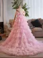 Luxus / Herrlich Pink Handgefertigt Perlenstickerei Pailletten Fallende Rüsche Ballkleider 2025 Meerjungfrau Off Shoulder Ärmellos Rückenfreies Sweep / Pinsel Zug Festliche Kleider