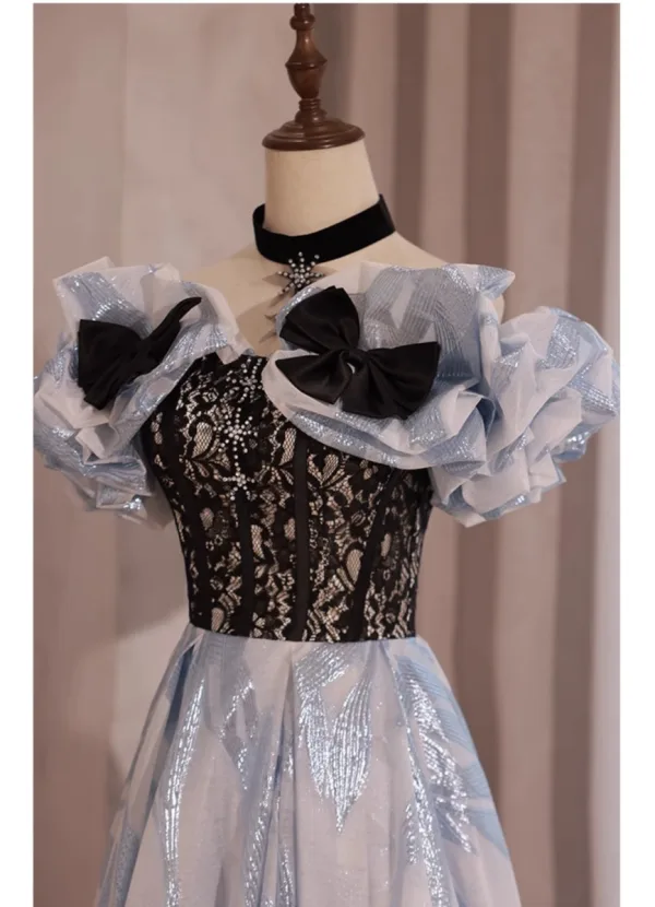 Fashion Sky Blue Glitter Rhinestone Prom Dresses 2023 A-Line / Princess Off-The-Shoulder Bow Short Sleeve Backless Floor-Length / Long Prom Formal Dresses