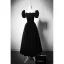 Vintage / Retro Black Velvet Homecoming Graduation Dresses 2024 A-Line / Princess Square Neckline Pearl Puffy Short Sleeve Backless Tea-length Formal Dresses