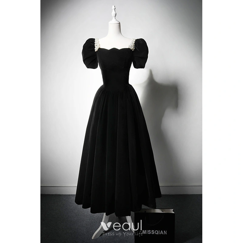 Vintage Retro Black Velvet Homecoming Graduation Dresses 2024 A Line Princess Square Neckline Pearl Puffy Short Sleeve Backless Tea length Formal Dresses