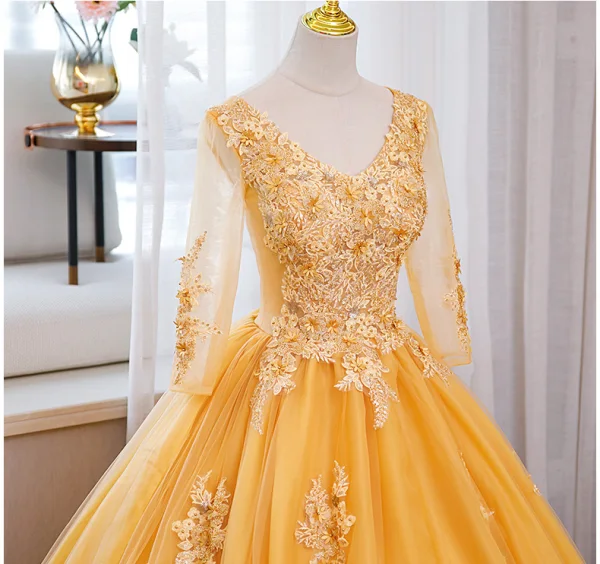 Elegant Mint Green Beading Sequins Pearl Lace Flower Appliques Prom Dresses 2024 Ball Gown V-Neck 3/4 Sleeve Backless Floor-Length / Long Prom