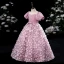 Chic / Belle Rougissant Rose En Dentelle Fleur Appliques Promo Robe Ceremonie Fille 2022 Robe Boule Encolure Dégagée Gonflée Manches Courtes Ceinture Noeud Longue Robe Ceremonie Fille