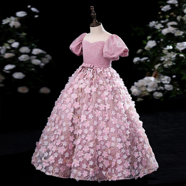 Lovely Candy Pink Glitter Lace Flower Appliques Flower Girl Dresses 2024 Ball Gown Birthday Scoop Neck Puffy Short Sleeve Floor-Length / Long
