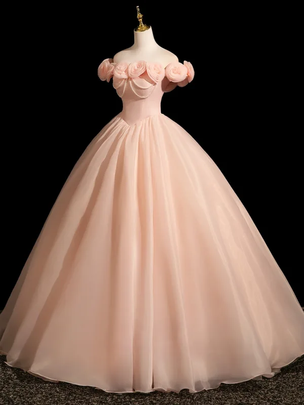 Vintage / Retro Blushing Pink Pearl Appliques Prom Dresses 2025 Ball Gown Off-The-Shoulder Sleeveless Backless Floor-Length / Long Prom Formal Dresses