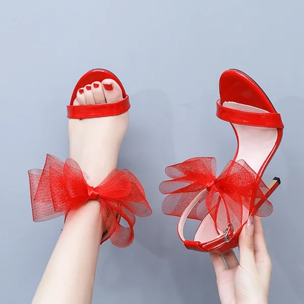 Sexy Rot Schleife Abend Sandalen Damen 2026 Knöchelriemen 11 cm Stilettos Peeptoes Sandaletten Hochhackige