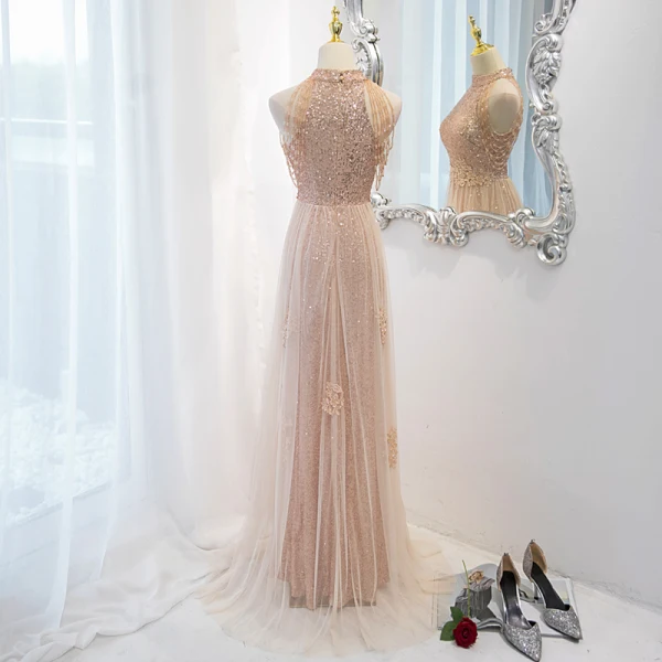 Charming Champagne Sequins Evening Dresses 2022 A-Line / Princess Scoop Neck Beading Tassel Lace Flower Sleeveless Sweep Train Formal Dresses