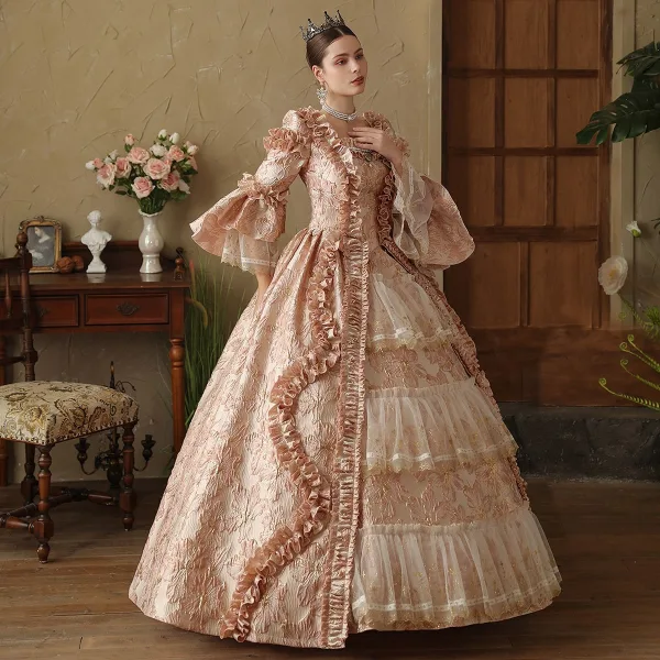 Vintage / Originale Médiévale Gothique Rougissant Rose Perle Paillettes Faux Diamant Robe De Bal 2024 Robe Boule Encolure Carrée Manches de cloche Longue Promo Robe De Ceremonie