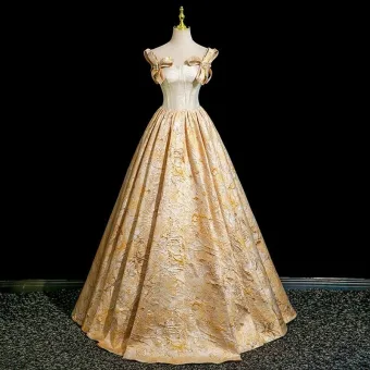 Élégant Doré Impression Robe De Bal 2025 Princesse De L Épaule Manches Courtes Dos Nu Longue Robe De Ceremonie