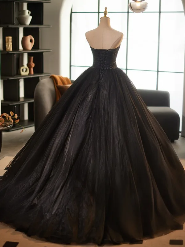 Elegant Black Printing Prom Dresses 2025 Ball Gown Strapless Sleeveless Backless Floor-Length / Long Prom Formal Dresses