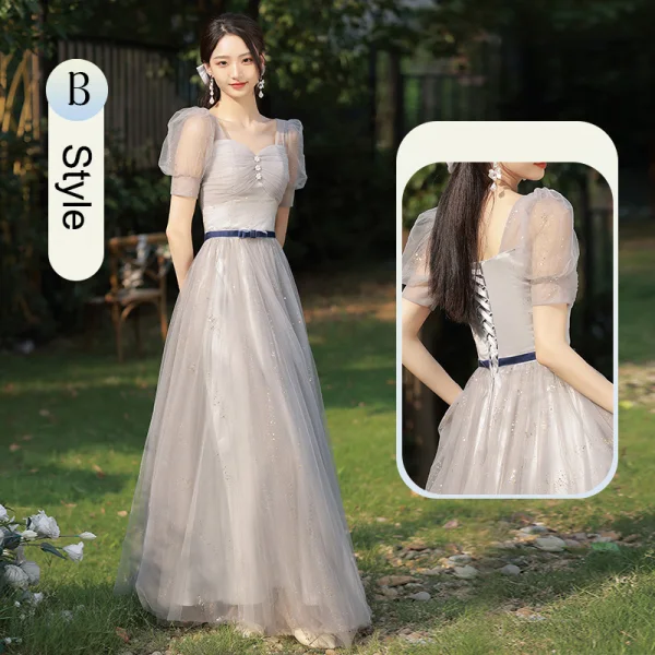 Modest / Simple Grey Bow Sash Bridesmaid Dresses 2023 A-Line / Princess Square Neckline Short Sleeve Floor-Length / Long Bridesmaid Dresses