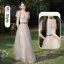 Modest / Simple Grey Bow Sash Bridesmaid Dresses 2023 A-Line / Princess Square Neckline Short Sleeve Floor-Length / Long Bridesmaid Dresses