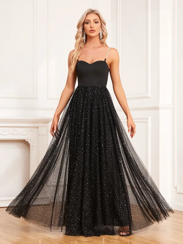 Charmant Noire Paillettes Robe De Soirée 2024 Princesse Bretelles Spaghetti Sans Manches Dos Nu Longue Soirée Robe De Ceremonie