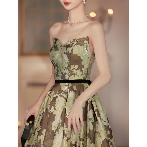Vintage / Retro Army Green Printing Prom Dresses 2022 A-Line / Princess Strapless Sleeveless Backless Sash Floor-Length / Long Prom Formal Dresses