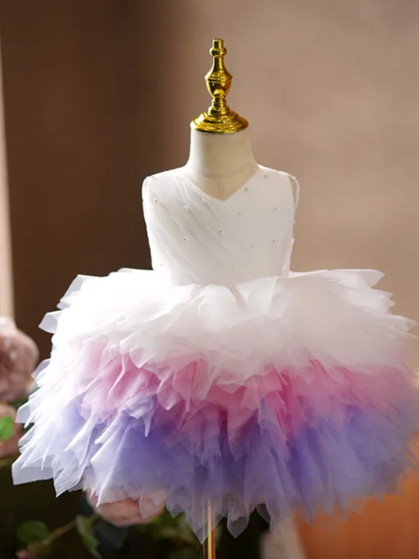 Schöne Multifarben Perle Kurze Fallende Rüsche Geburtstag Blumenmädchenkleider 2023 Ballkleid V-Ausschnitt Ärmellos