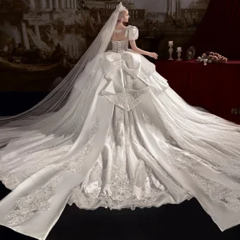 Luxury Gorgeous Ivory Cascading Ruffles Wedding Dresses 2022 Ball Gown Scoop Neck Puffy Short Sleeve Beading Pearl Rhinestone Sequins Backless Bow Royal Train Wedding