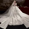 Luxury / Gorgeous Ivory Cascading Ruffles Wedding Dresses 2022 Ball Gown Scoop Neck Puffy Short Sleeve Beading Pearl Rhinestone Sequins Backless Bow Royal Train Wedding