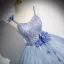 Elegant Sky Blue Pearl Appliques Prom Dresses 2024 Ball Gown Spaghetti Straps Sleeveless Backless Floor-Length / Long Prom Formal Dresses