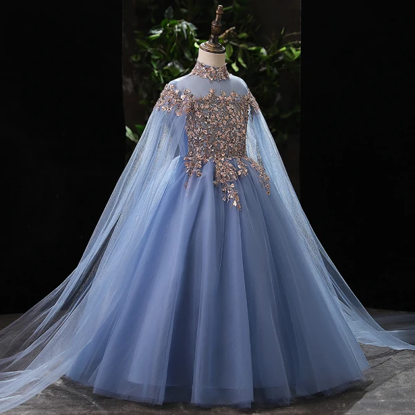 Chic / Beautiful Ocean Blue Beading Sequins Prom Flower Girl Dresses 2022 Ball Gown High Neck Long Sleeve Floor-Length / Long Flower Girl Dresses