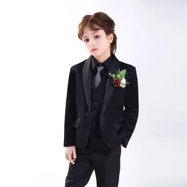 Noire Manches Longues Mariage Costume Garçon Mariage 2025 Bijoux De Corps Manteau Pantalon Chemise Cravate Gilet