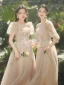 Modest / Simple Champagne Lace Flower Bridesmaid Dresses 2023 A-Line / Princess Scoop Neck Short Sleeve Backless Floor-Length / Long Bridesmaid Dresses
