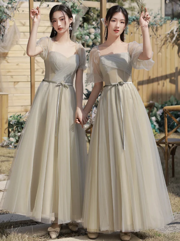 Modest Simple Sage Green Bridesmaid Dresses 2022 A-Line Princess Short Sleeve Backless
