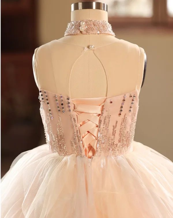 Chic / Beautiful Blushing Pink Beading Sequins Cascading Ruffles Birthday Flower Girl Dresses 2025 Ball Gown High Neck Sleeveless Backless Floor-Length / Long