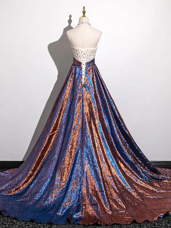 Scintillantes Multi-Couleurs Perlage Faux Diamant Paillettes Robe De Bal 2025 Princesse Titulaire Sans Manches Dos Nu Train De Balayage Promo Robe De Ceremonie